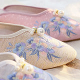 Breakj Plus Size Slippers Women's Summer Low Slope Heel Platform Sandals Embroidery Flower Women's Sandals Slippers Pointed Fashion Nail