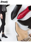Women Boots Casual Leather Low High Heels Spring Shoes Woman Pointed Toe Rubber Ankle Boots Black Red Zapatos