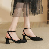 Breakj Leather With Pointed Head Spring And Summer 2023 Thick Heel Baotou Single Shoe High Heel One Word Buckle Hollow Shallow Mouth Sandal