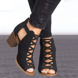 Breakj New Summer 2023 New Thick Heel High Heel Roman Fish Mouth Sandal Large Size Hollowed-Out Buckle