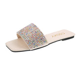 Breakj Size Rhinestone Flat Bottom Slippers Woman's Head Korean Version Fashion One Word Household Cool Drag