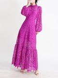 High-Level Elegant Lotus Leafy Dress 2025 Summer New Standing Collar Long Sleeves To Close The Waist Thin Hollow Dress Woman