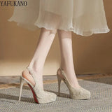 Detail Platform Female Sandals Stiletto Pointed Toe Slingback High Heels Sexy 12cm Party Prom Shoes Small Size 32
