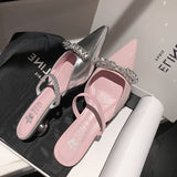 Powder ~ Huge Beauty! Laint Ered Pink Half Head Cool Slippers Women Wear Summer Silver Pointed