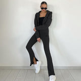 Letter Embroidery 2 Piece Sets Women Long Sleeve Hoodie Black Cropped Top And Women Side Split Slim Pants Fitness