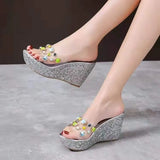 2020 Women Transparent Clear Crystal Sequins Platform Wedge Thick Sole Sandals High Heels Mules Slides Summer Beach