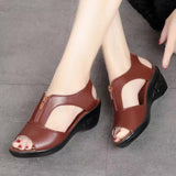 Breakj Women 2025 New Fish Mouth Leather Slope And Soft Soles Of The Elderly Sandals Fashion Zipper Middle-Aged Mother