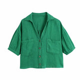 Women V Neck Button Decoration Shirt Female Short Sleeve Blouse Casual Lady Loose Tops Blusas