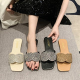 Breakj Version Of Stripe Flat Slippers Female Flat Slippers Square Head One Foot Pedal Home