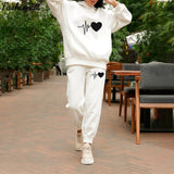 Heart Printed Fleece Women's Tracksuit Hoodies 2 Piece Set Sweatshirt + Pants Women Sport Suit Winter