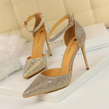 Breakj Korean Version Of Sweet High Heels With High Heel Shallow Pointed Hollow Out A Word With Shiny Rhinestone