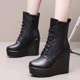 Breakj Head 12Cm High Slope And Waterproof Table Mid-Sleevel Boots With Side Zipper Women's Boots Pine Cake Plus Velvet Winter Warm Leather