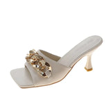 Chain Design Women Heels Summer Sexy Open Toe Solid Color Sandals Stiletto 2021 Square Head Luxury Prom Woman