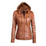 New Women Faux Leather Jacket Pu Motorcycle Hooded Hat Detachable Casual Leather Plus Size 5xl Punk