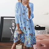 Women Autumn buttertly leaf Print long sleeves Dresses Elegant casual O Neck Knee-length Dress Summer loose Dresses
