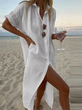 Spring Solid Color Cotton Linen Dress Women 2022 Elegant Casual Party Summer Dress New Lapel Button Split Mid Length Shirt