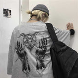 Girls Harajuku Loose Short Sleeve Women T-shirts Devil Star Hand Print Women T Shirt Crew Neck Lady T-shirt Top