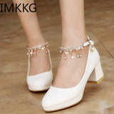 Women Wedding Shoes Crystal Preal Ankle Strap Bridal Shoes Woman Dress Shoes Seay Pumps Sweet Party