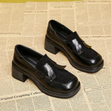British Style Women's Shoes Fashion Loafers Spring Autumn Bow-knot Square Toe Chunky High Heel Brown Small Leather