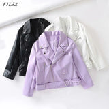 Spring Autumn Women Faux Leather Jacket Streetwear Lapel Oversized Purple Pu Leather Loose Coat with Belt Lady