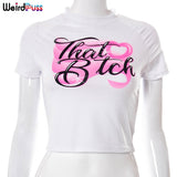 Puss Y2K Summer Skinny Women Graphic T Shirts Navel Trend Print O-Neck Stretchy Short Sleeve Crop Top Streetwear Slim