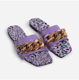 Slippers 2021 Summer Chain Style Square Head Slides Flat Heel Mule Shoes Woman Female Plus Size Outdoor Beach