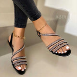summer shoes 2021 fashion rhinestone sandals women's one word plus size flat beach sandals women zapatillas