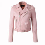 Zipper PU Leather Jacket Short Pink Motorcycle Jackets With Belt Classic Basic Spring Women Faux Leather