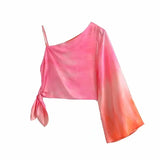 Chic Tie-dying Asymmetrical Blouses Women 2021 za Fashion Sexy Side Bow Tie Zipper Skew Collar Shirts Casual Female