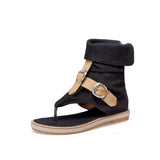 Breakj Flat Sandal Ladies Denim Leather Belt Button Plus Size 40-43 High Beal