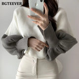 2020 New Autumn Winter Patchwork Short Sweaters Casual O-neck Lantern Sleeve Loose Warm Female Knitted Tops
