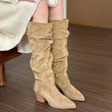 Spicy Sister! Khaki Pointed Thick Heel Pile Boots Female Fall