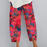 Fashion Loose Plus Size Elastic Waist Cropped Pants Casual Irregular Wide Leg Pants Multi-color Print Cotton Linen