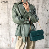 New Spring Autumn Women Faux PU Leather Casual Streetwear Outwear Motorcycle Leather Jacket with Belt Green Biker