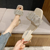 Breakj Temperament Famous Woman Summer Slippers French Small Heel Low Heel 3 Cm Black Water Drill Fashion Wearing