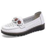 Women Female Ladies Mother Genuine Leather Shoes Flats Loafers Platform Hollow Slip On Summer Cool Flowers