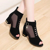 New Peep Toe Sandals Boots,Women PU Leather Summer Mesh Shoes,Low Heels,Back Zip,Female
