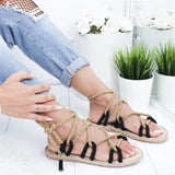 Women Hemp Rope Straw Flat Sandals Peep Toe Cross Lace Up Female Platform Fashion Casual Shoes Rome Ladies