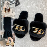 Chain Slippers Women's Autumn And Winter New Flat-Soled Large-Size Warm Slippers Cotton