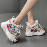 New Platform Lace Up Summer women's Sandals For Rhinestone Woman Cool Sports Open Toe Hollow White Shoes