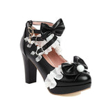 Super High Heeled Sweet Lolita Gothic Style Cosplay Shoes Girls Lovely Bow Tie Fur Ball Women Pumps Lace Cross