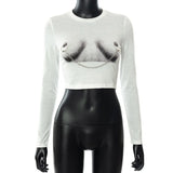 Puss Print Chain Crop Top Women Summer Casual Skinny Short Sleeve T Shirt Wild Streetwear Stretchy Sporty Waistless