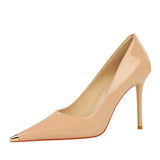 Breakj Sexy Skinny High Heels With Super High Heel Bright Painted Leather Shallow Metal Pointed Single