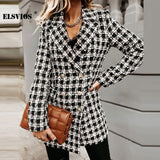 Fashion Autumn Winter Women Lapel Print Woolen Coat Casual Suit Buttons Cardigan Long Sleeve Coat Elegant Slim Office