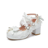 6 Candy Color Princess JK Uniform Cosplay Lolita Shoes String Bead Ruffles Bow Cross Tied Chuncky Heels Pumps Women Purple