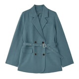 Spring New Arrival Office Ladies Vintage Solid Blue Khaki Blazer Women Elegant Double Breasted Loose Fashion Suit