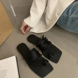 Breakj Version Of Fine Belt Combination One Word Soft Leather Square Head Slippers Female Open Toe Flat Bottom Beach