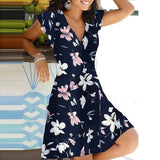Summer 2021 New Casual Floral Print V Neck Pullover A-line Dress Fashion Short Sleeves Elegant Office Lady Party