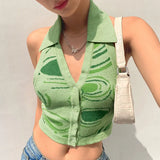 Halter Sleeveless Knitted Crop Top Women Sexy Backless Tank Top Autumn Print V Neck Vest Ladies Button
