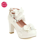 Super High Heeled Sweet Lolita Gothic Style Cosplay Shoes Girls Lovely Bow Tie Fur Ball Women Pumps Lace Cross
